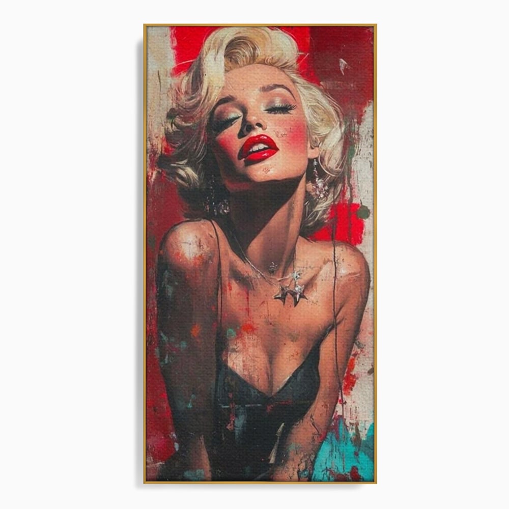 Tablou canvas cu tablou canvas cu portret pop art blonda buze rosii, in rama de aluminiu auriu